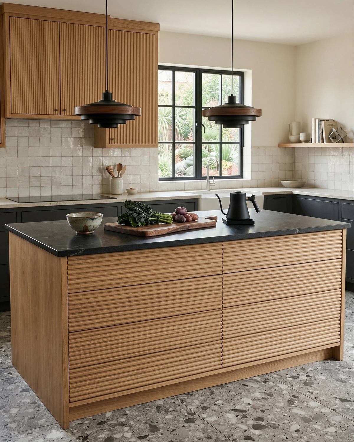Wood pendant light STECCA No.01, two black pendants with walnut rings lit over a fluted oak kitchen island