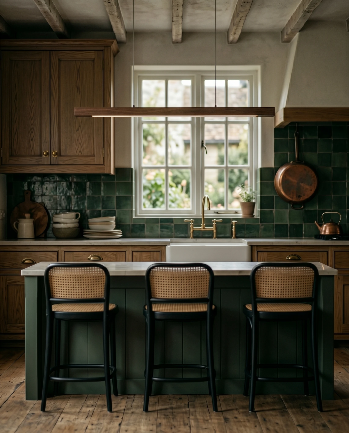 Wood pendant light VIRGA No.01 in walnut above a kitchen island with three cane bar stools and green tile backsplash