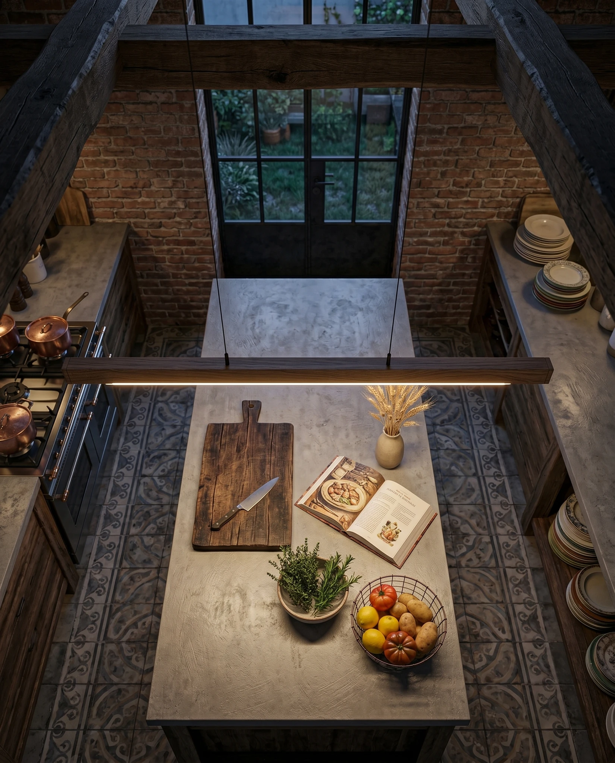 Wood pendant light VIRGA No.01 in walnut seen from above over a stone kitchen island with a cutting board and fruit bowl