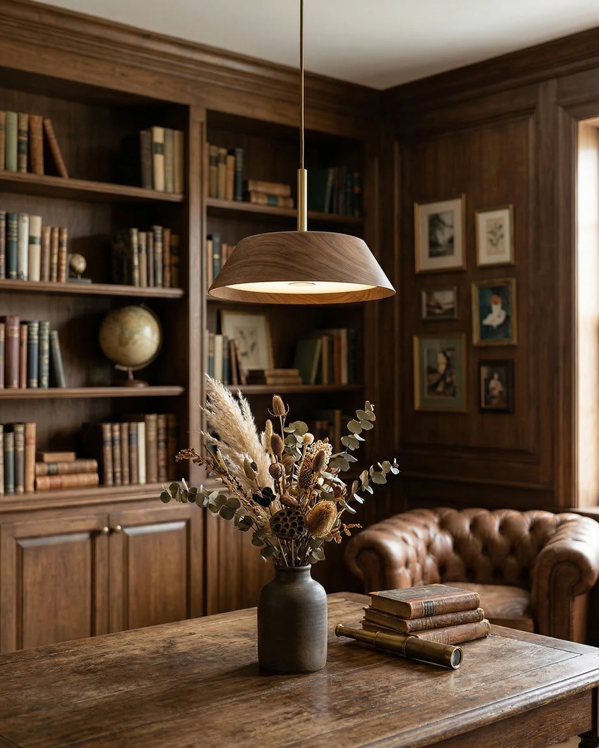 Wood pendant light BOSCO No.02 hanging over a desk in a wood-paneled library