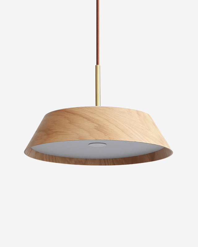 Wood pendant light BOSCO No.02, light oak bentwood dome with brass collar