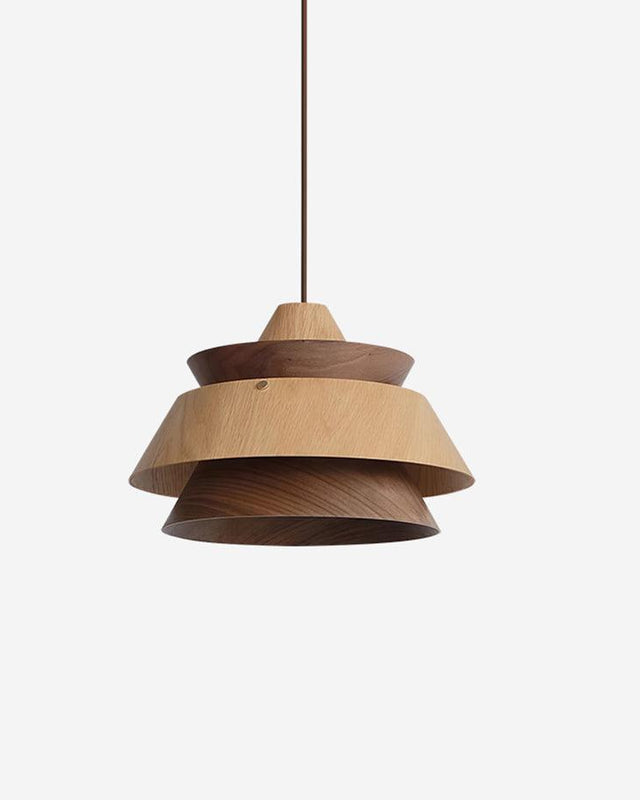 Wood pendant light BOSCO No.01 in Light Oak-Dominant, three tiered bentwood rings in oak and walnut, unlit