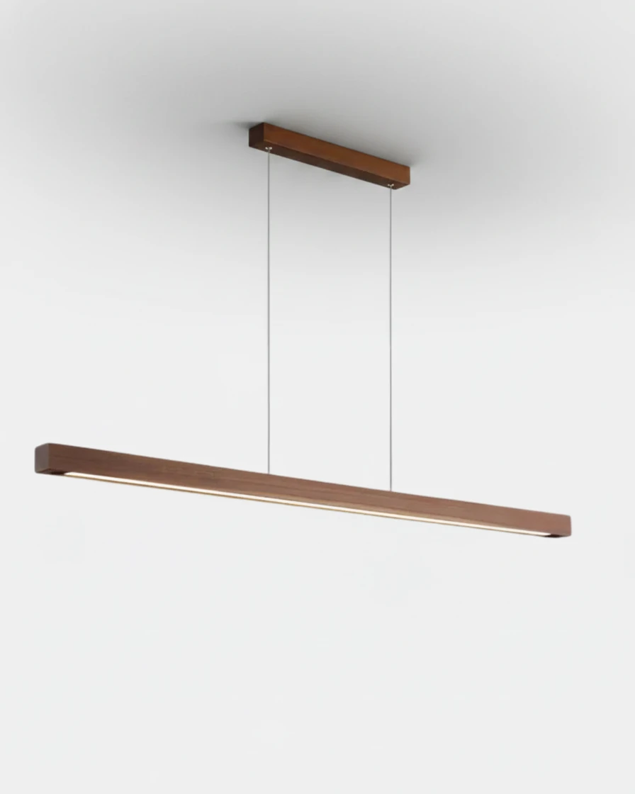 Wood pendant light VIRGA No.01, long 59 in walnut brown bar suspended from a walnut ceiling canopy, LED lit below