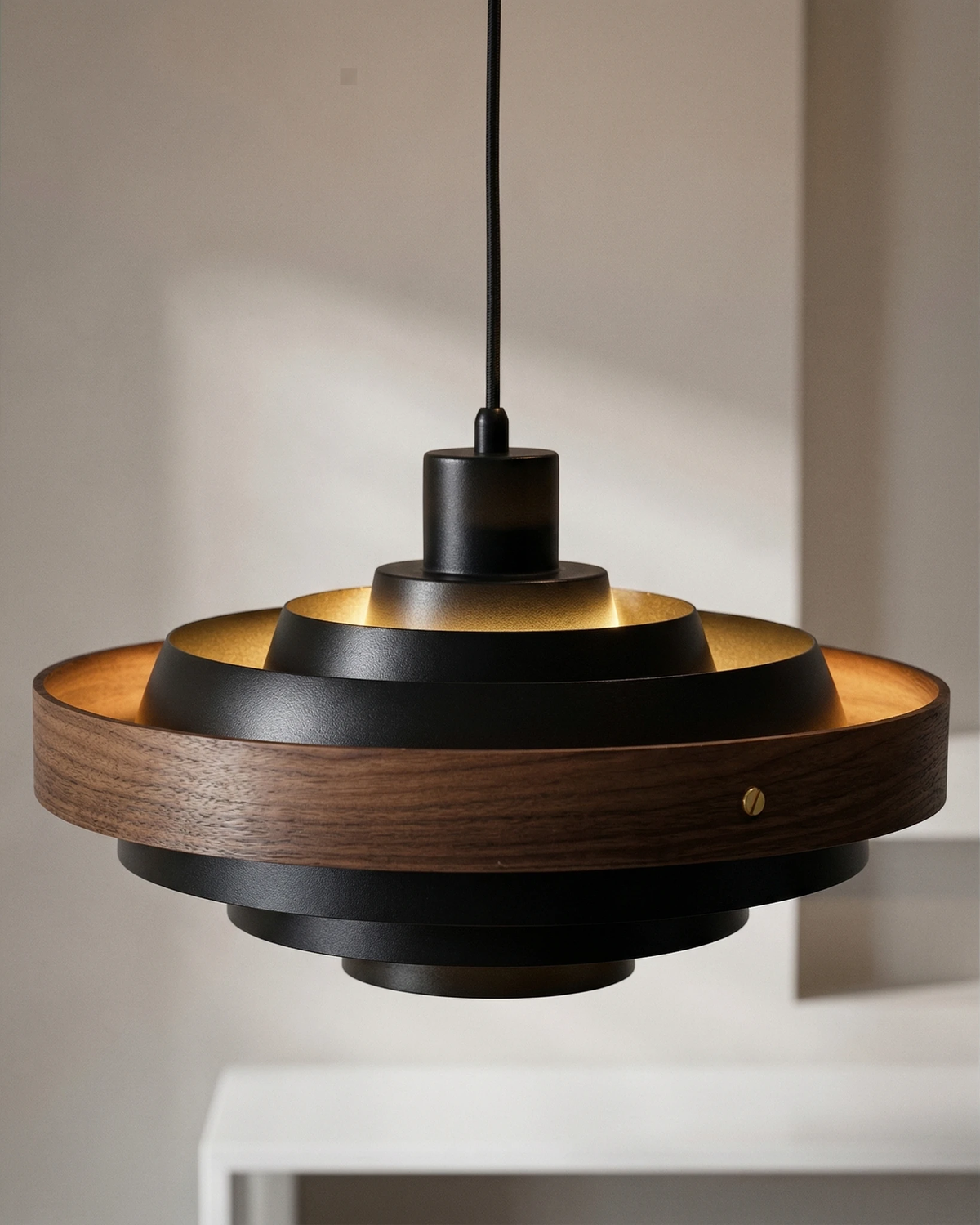 Wood pendant light STECCA No.01 in black with dark walnut ring, seen from below with the tiers glowing, switched on
