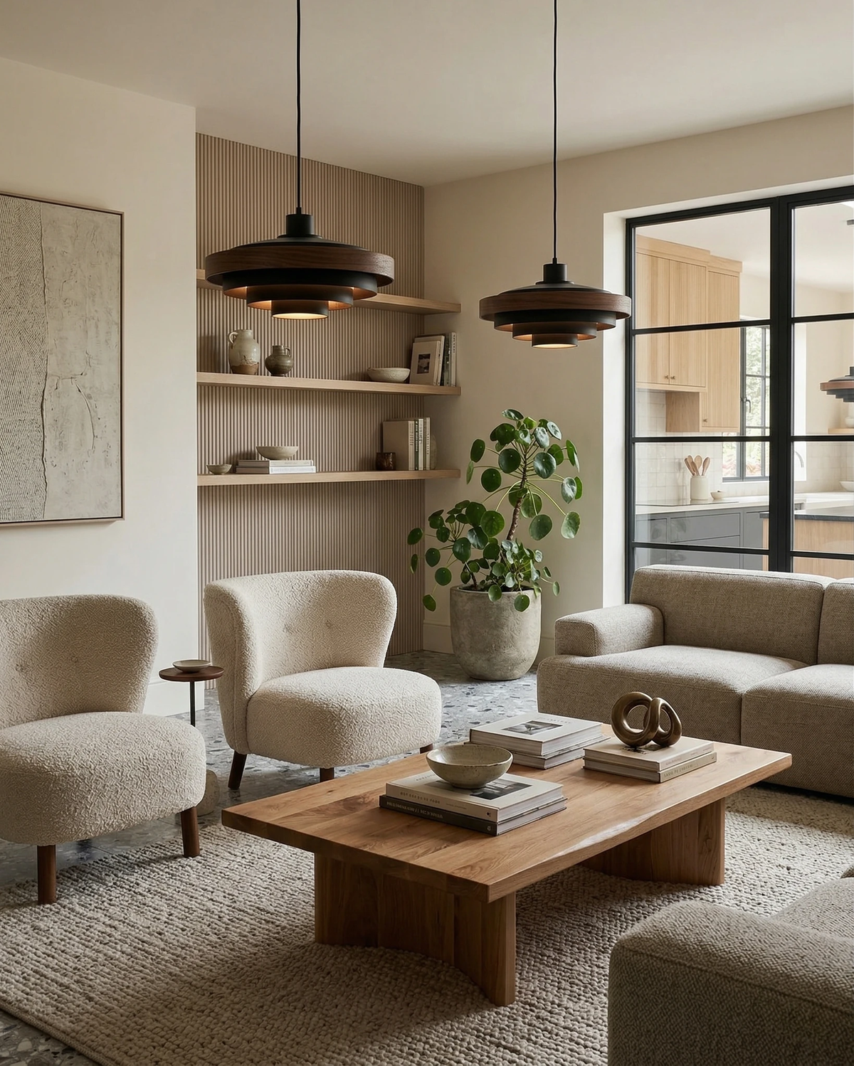 Wood pendant light STECCA No.01, two black saucer pendants hanging in a living room with boucle armchairs