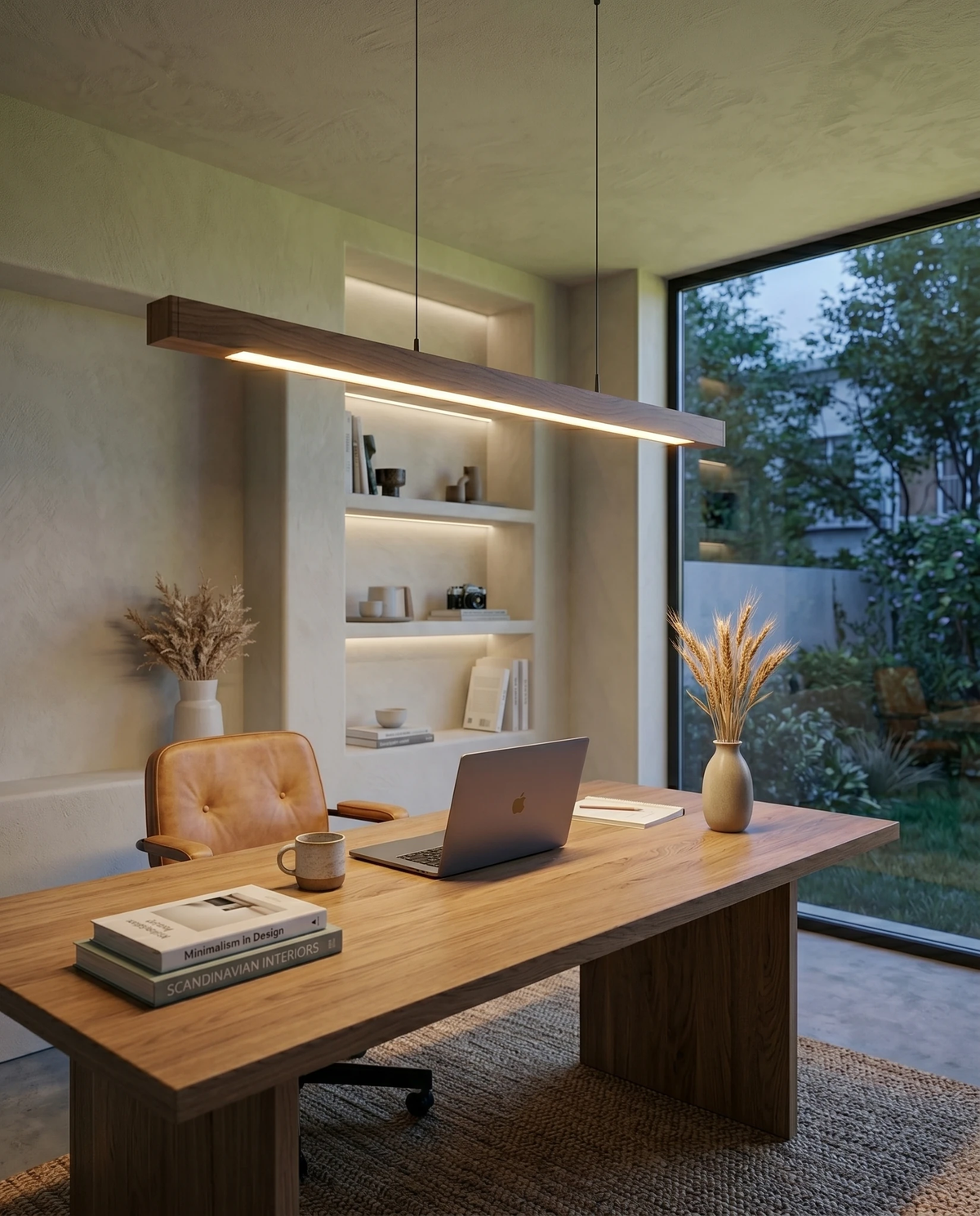 Wood pendant light VIRGA No.01 in walnut switched on above an oak desk with a laptop and tan leather chair, garden view