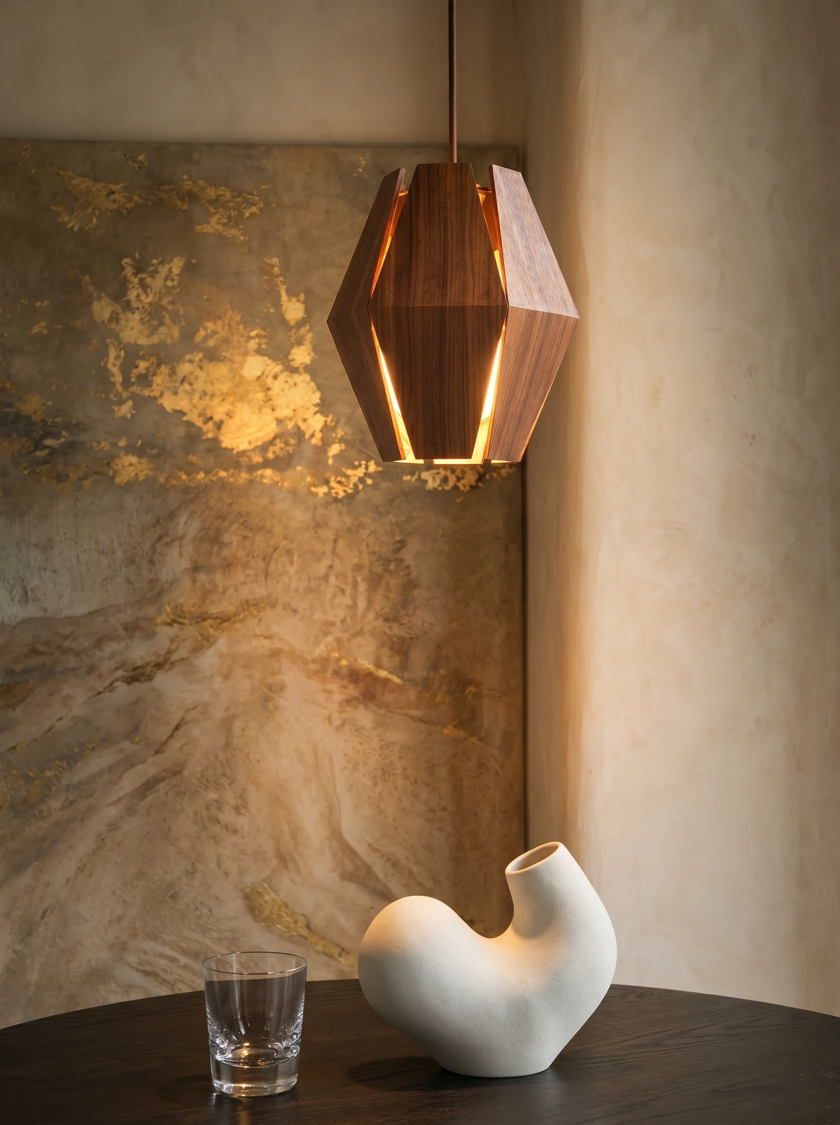 Wood pendant light ORBIT No.01 glowing beside a gold-leaf wall panel above a round black table with a ceramic vase