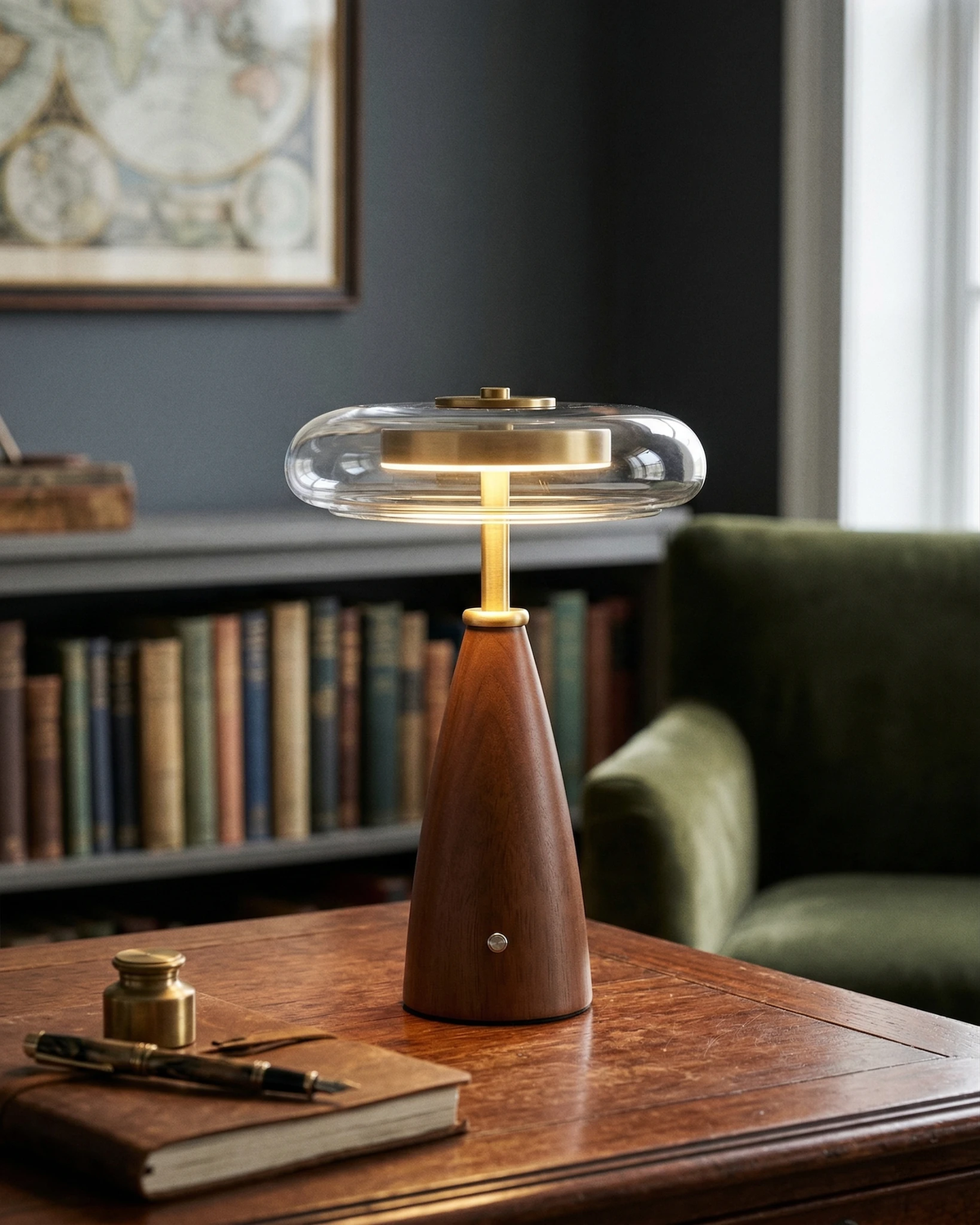 Wood table lamp ROCCA No.01 lit on a wooden writing desk in a library with bookshelves and a green chair