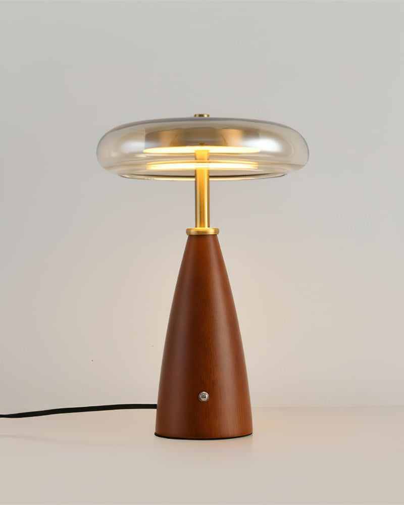 Wood table lamp ROCCA No.01 large size with a taller brass stem, cognac ribbed glass shade lit