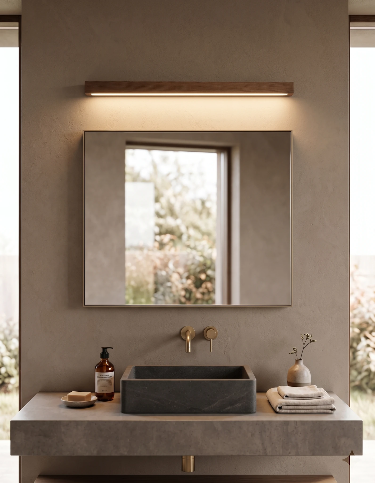 Wood wall sconce PIANO No.01 in dark walnut, switched on above a bathroom vanity mirror and stone basin