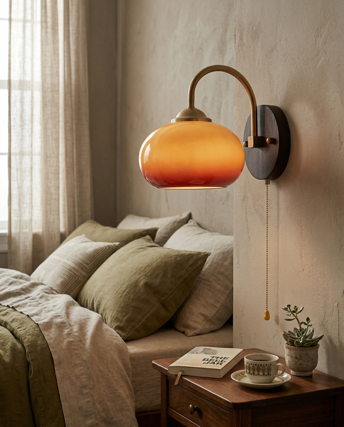 Wood wall sconce CURVA No.02 with a warm caramel glass shade mounted above a bed with olive linen bedding
