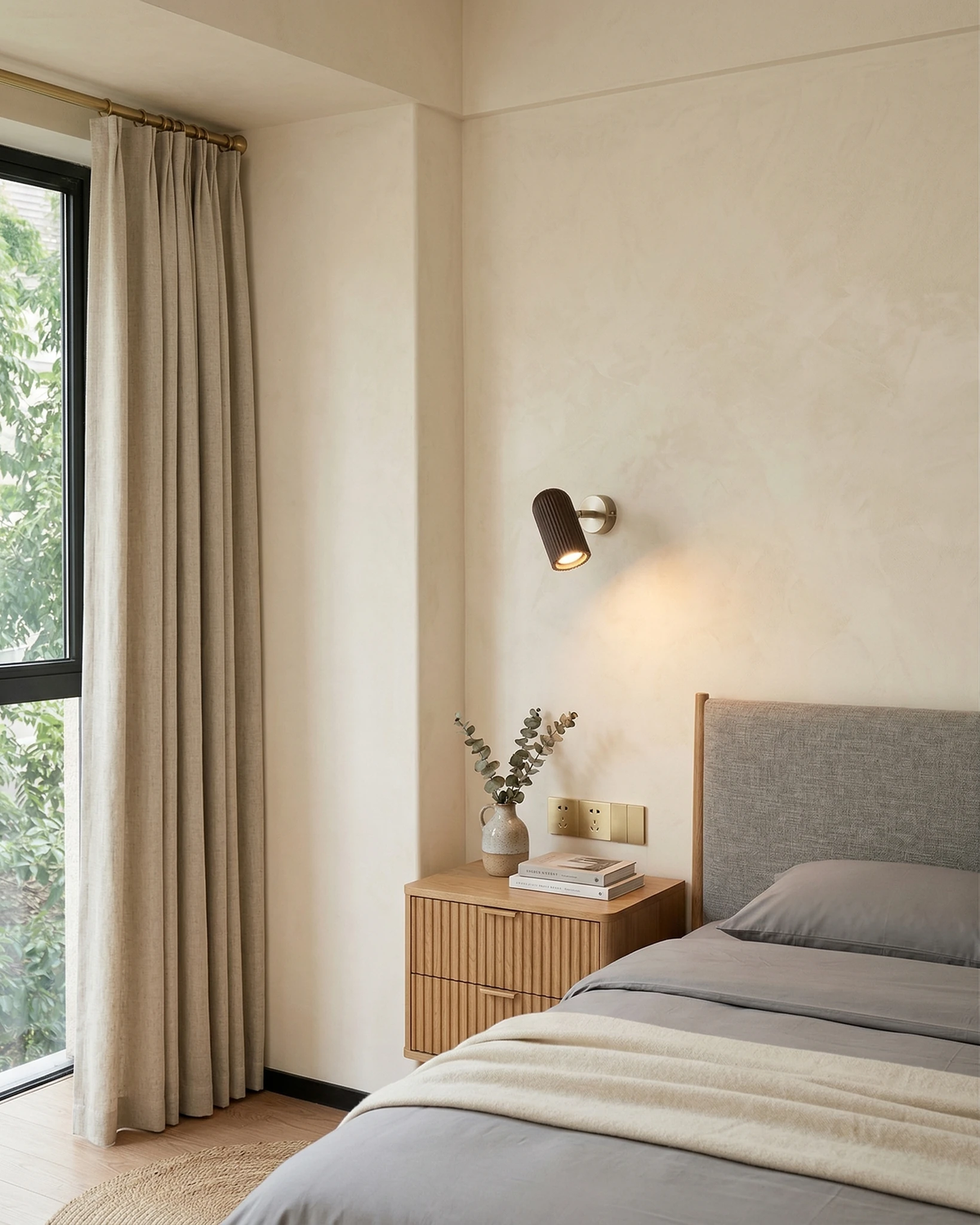 Wood wall sconce NOTA No.01 lit above a bed with a gray headboard and a rattan nightstand by a window