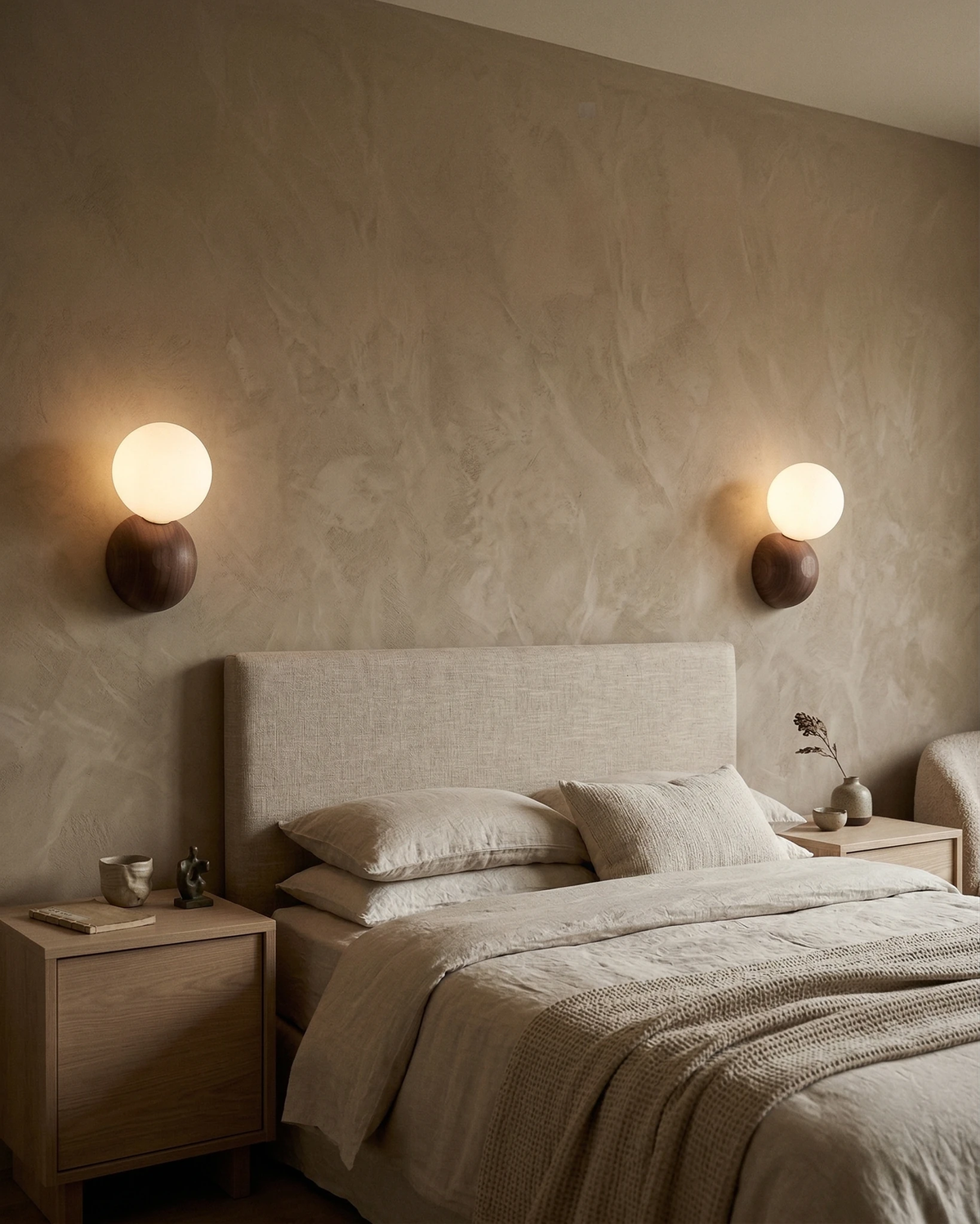 Pair of wood wall sconces ALBE No.01 glowing on a plaster wall above a linen headboard and oak nightstands