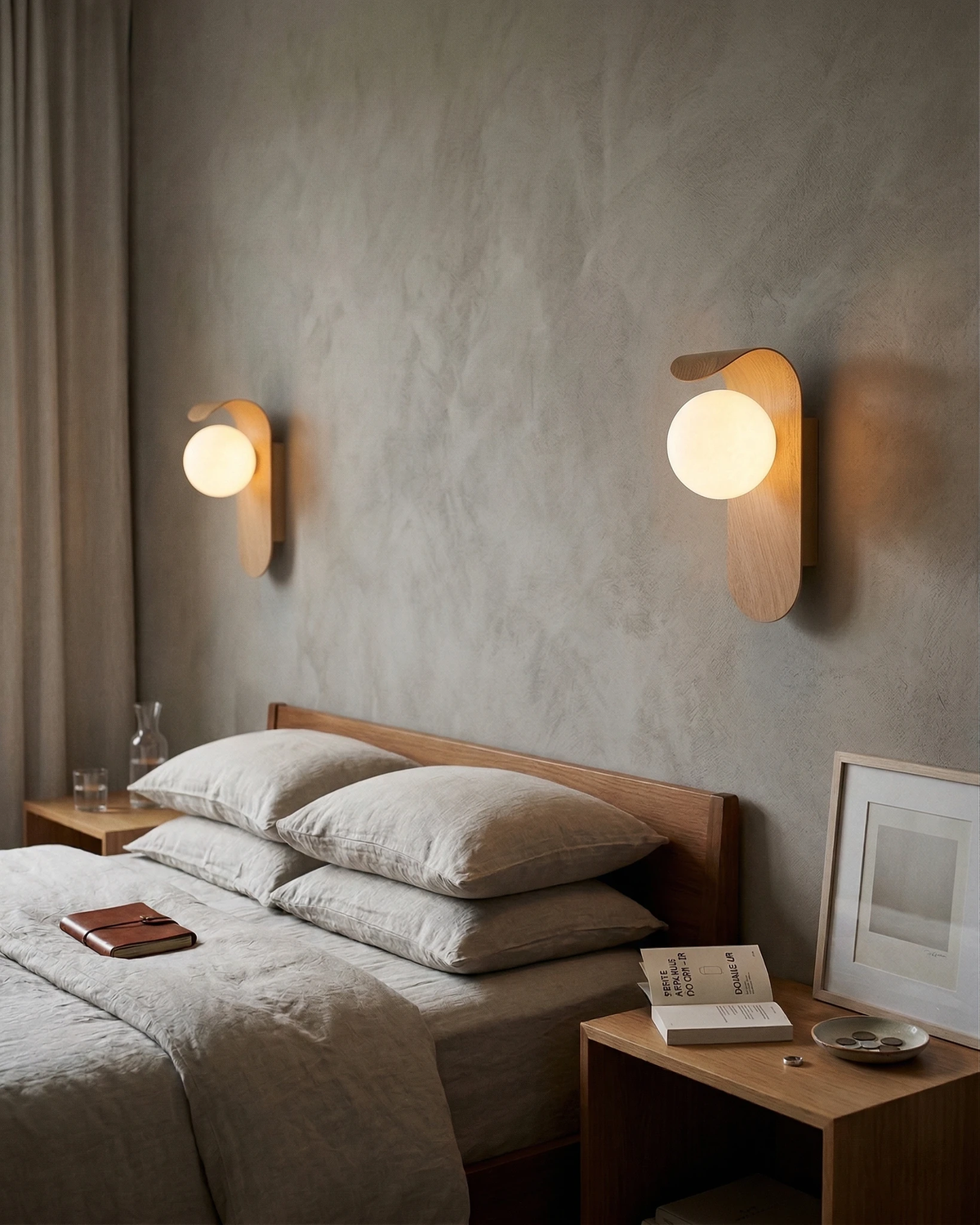 Two wood wall sconces RIMINI No.01 lit above a bed with white bedding and a wooden nightstand
