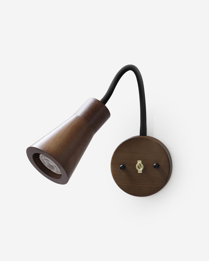 Wood wall sconce RIGA No.07 with a dark walnut cone spot head on a black gooseneck arm and round wood backplate