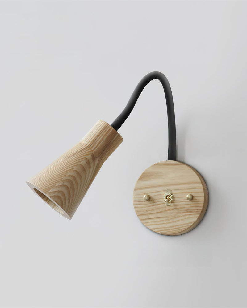 Wood wall sconce RIGA No.07 in light ash, tapered cone head with visible grain on a black gooseneck arm