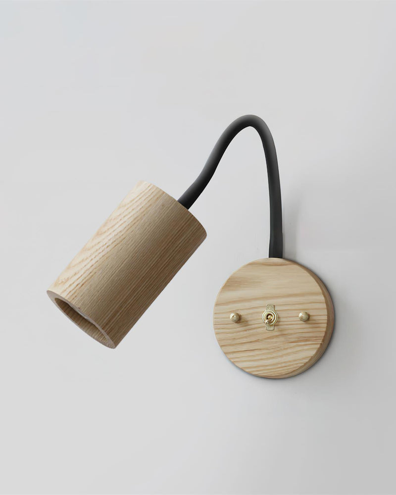 Wood wall sconce RIGA No.07 in light ash, cylinder head on a black gooseneck with a pale round wood plate