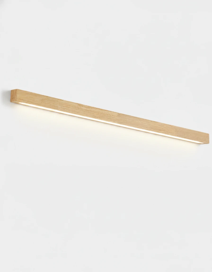 Wood wall sconce PIANO No.01, 120 cm light walnut bar with a down-only LED, switched on