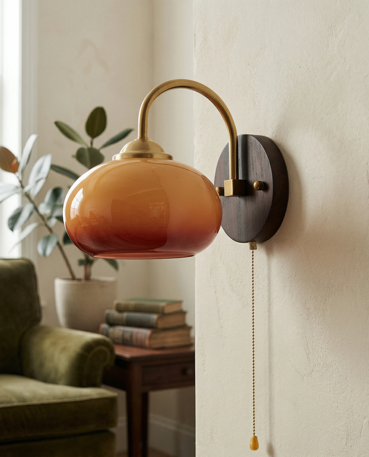 Wood wall sconce CURVA No.02 in caramel glass on a plaster wall above a green velvet armchair and a stack of books