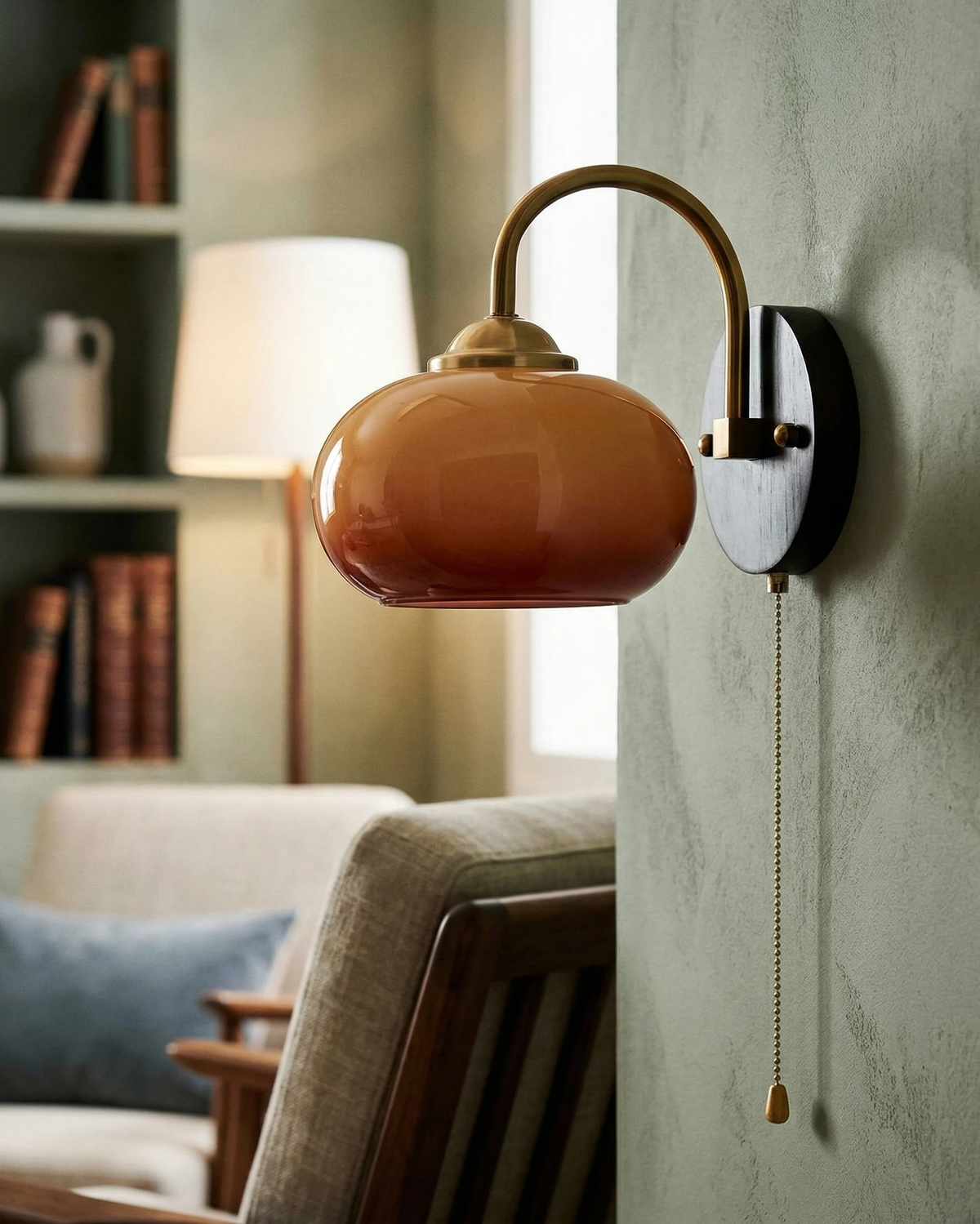 Wood wall sconce CURVA No.02 with a caramel glass shade beside a sofa, bookshelves and a lit floor lamp behind