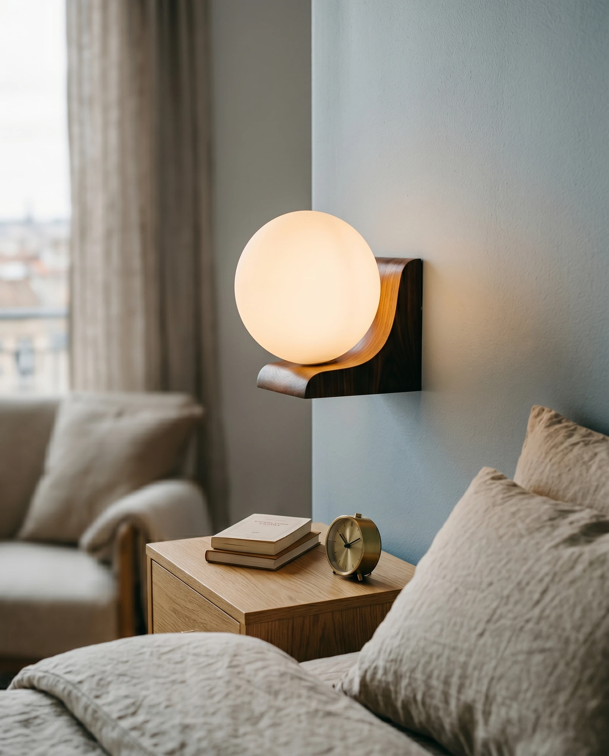 Wood wall sconce CURVA No.01 lit on a pale wall above a cushioned sofa near a window in a living room