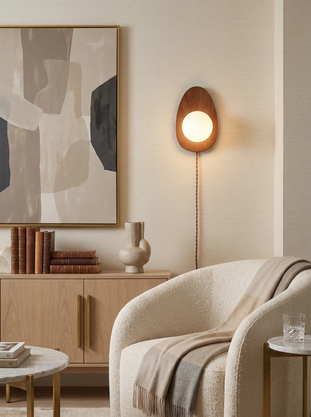 Wood wall sconce FOGLIA No.01 glowing next to abstract art above an oak sideboard and a boucle armchair