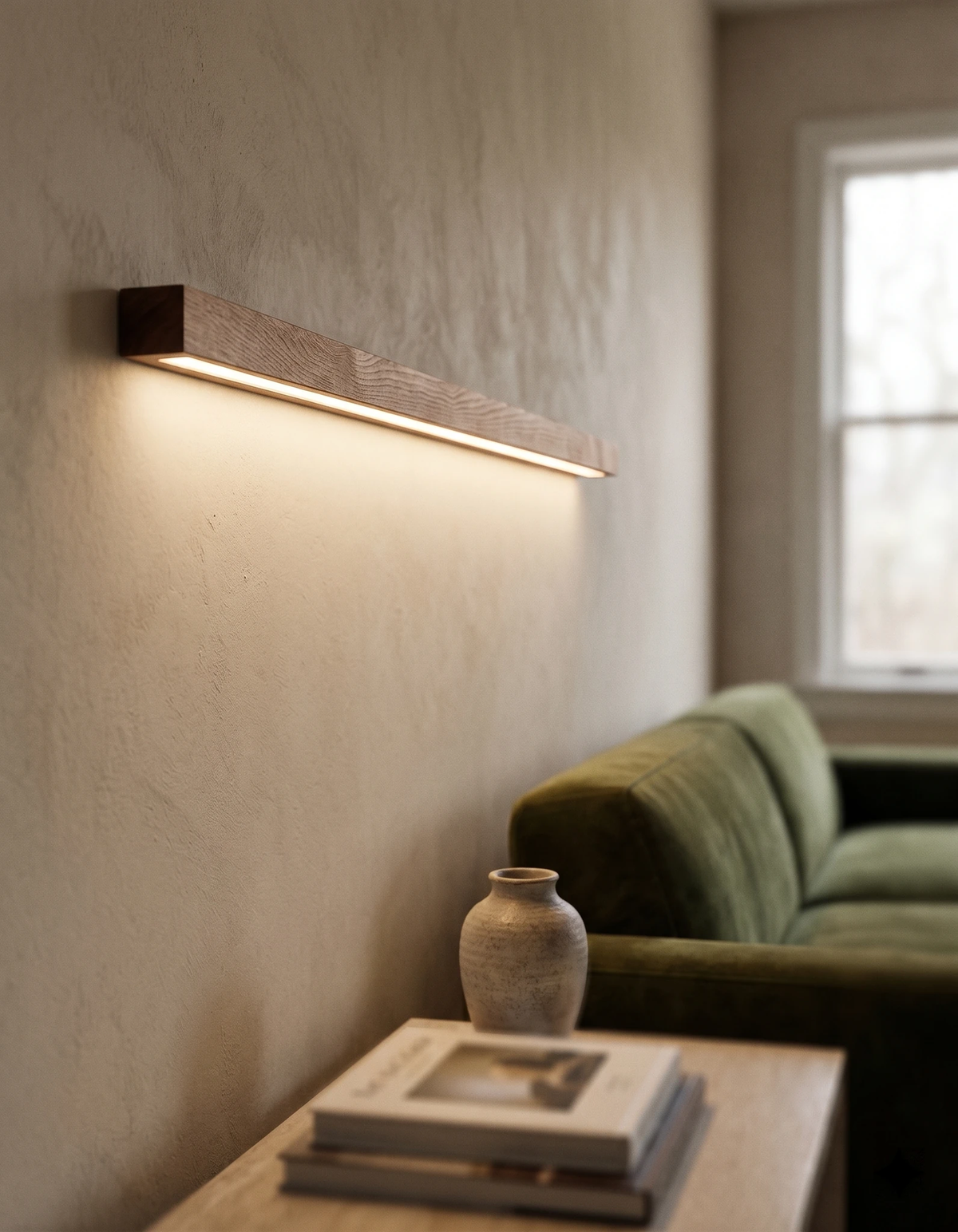 Wood wall sconce PIANO No.01 in dark walnut, switched on above a green sofa in a living room