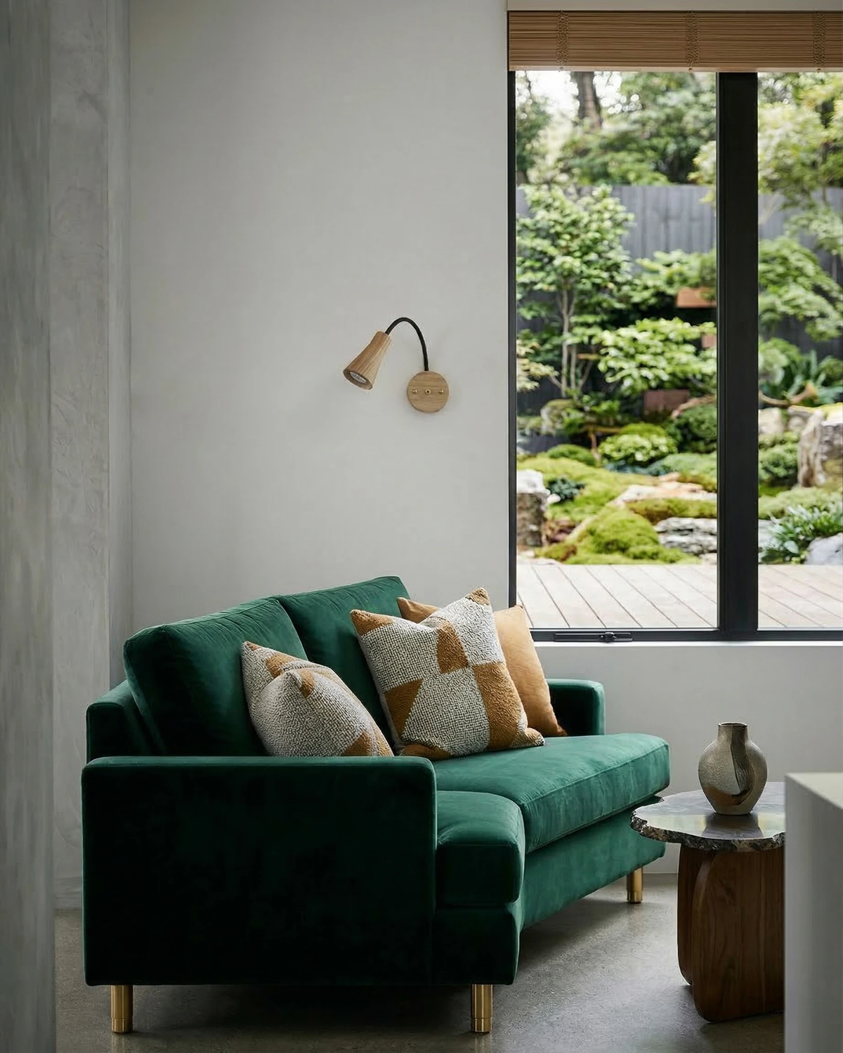 Wood wall sconce RIGA No.07 lit on a white wall above a green velvet sofa facing a garden window