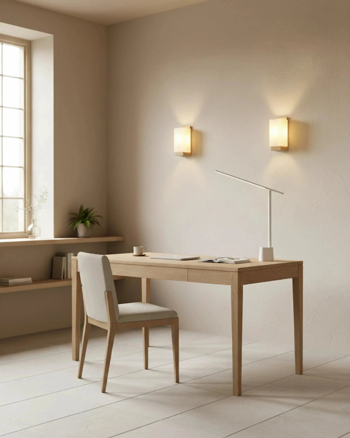 Two wood wall sconces MURO No.01 lit above an oak desk and chair in a pale minimalist study