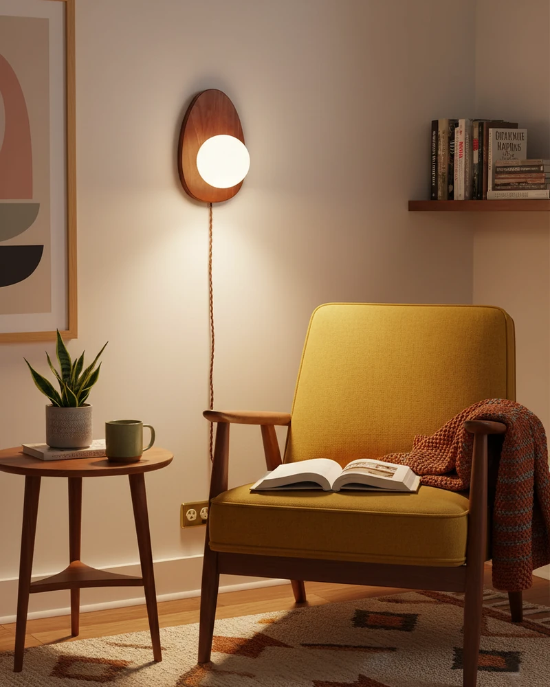 Wood wall sconce FOGLIA No.01 with a lit opal globe above a mustard armchair, side table and an open book