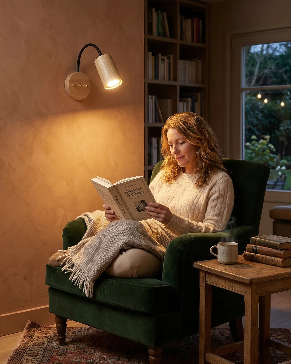 Wood wall sconce RIGA No.07 lit over a green armchair where a woman reads beside tall bookshelves