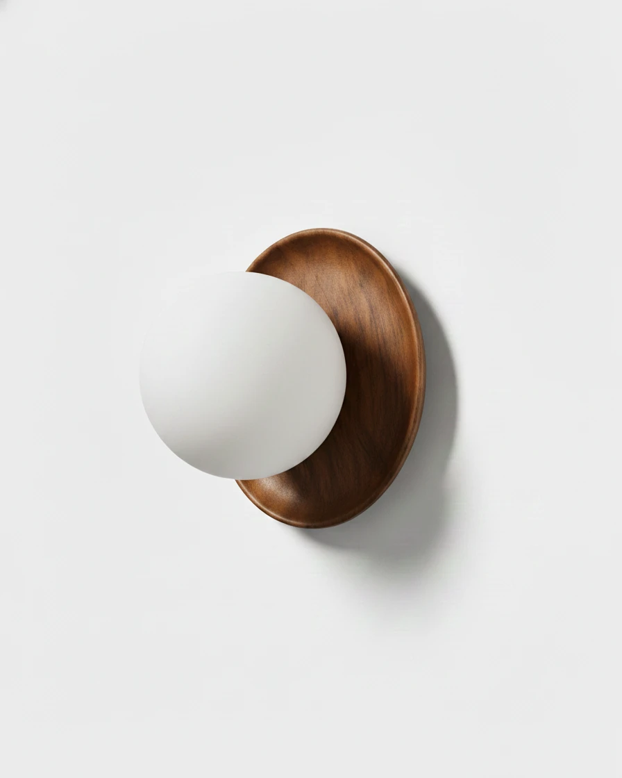Wood wall sconce MURA No.02 in walnut brown, opal globe set in a round walnut halo, unlit packshot