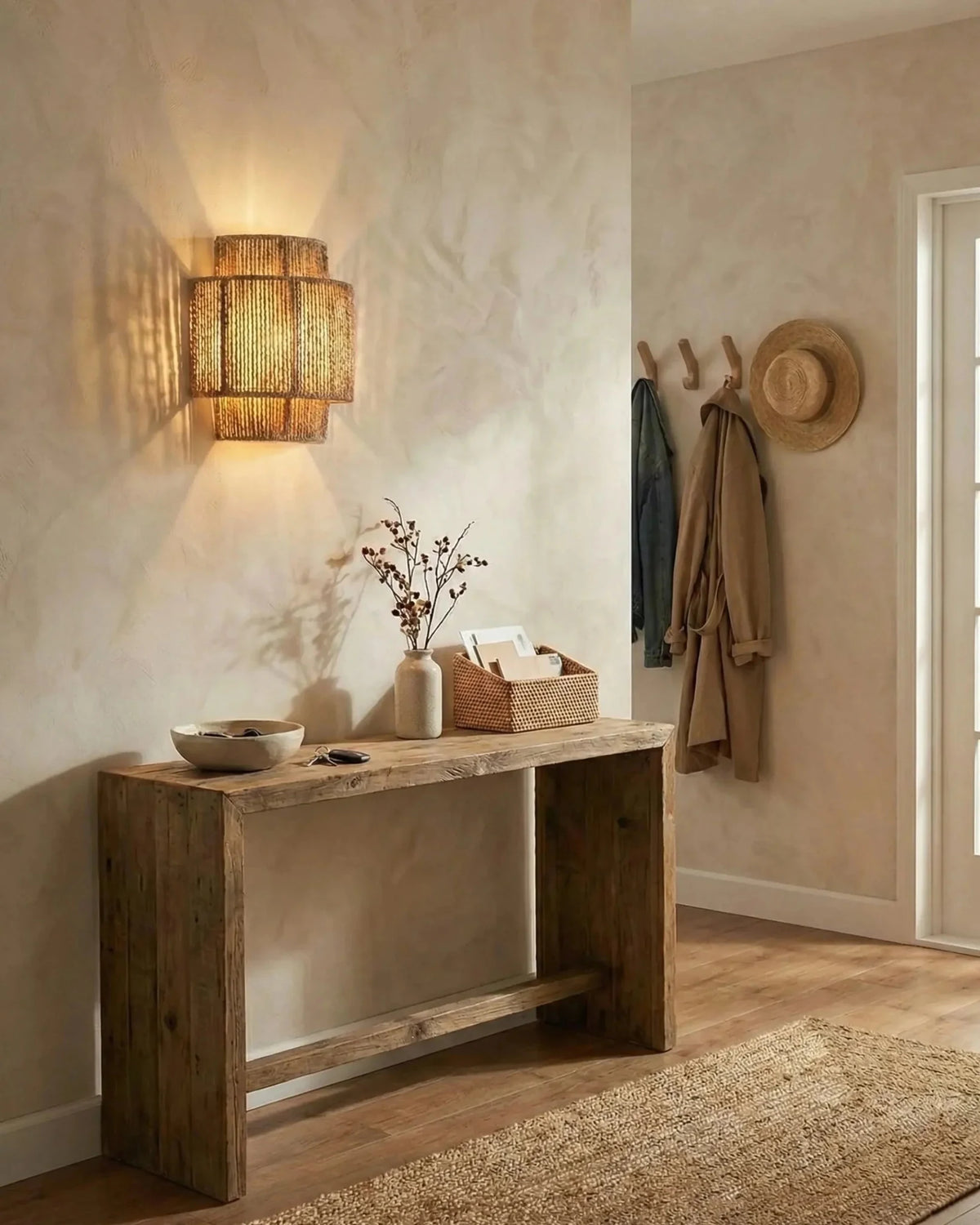 Woven wall sconce RAVENNA No.01 lit above a reclaimed wood console table with coats hung on hooks by the door