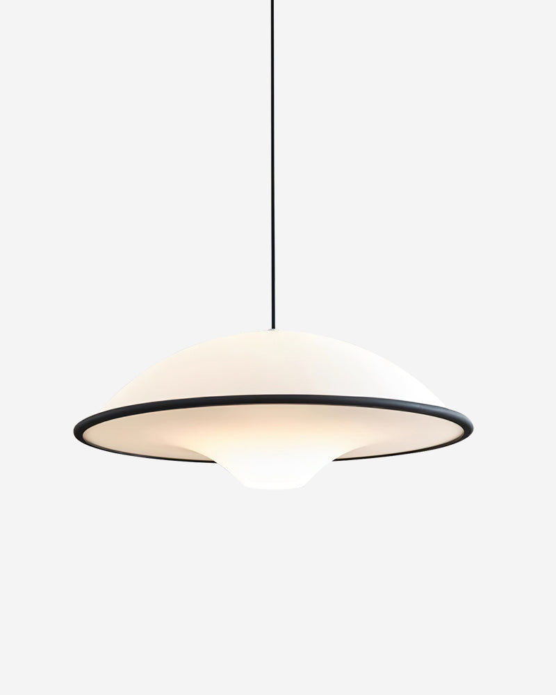 Acrylic pendant light AOSTA No.01 with matte black rim, saucer switched on with a warm glow, white background