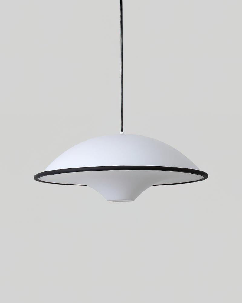 Acrylic pendant light AOSTA No.01 with matte black rim, unlit white saucer on a black cord, grey background