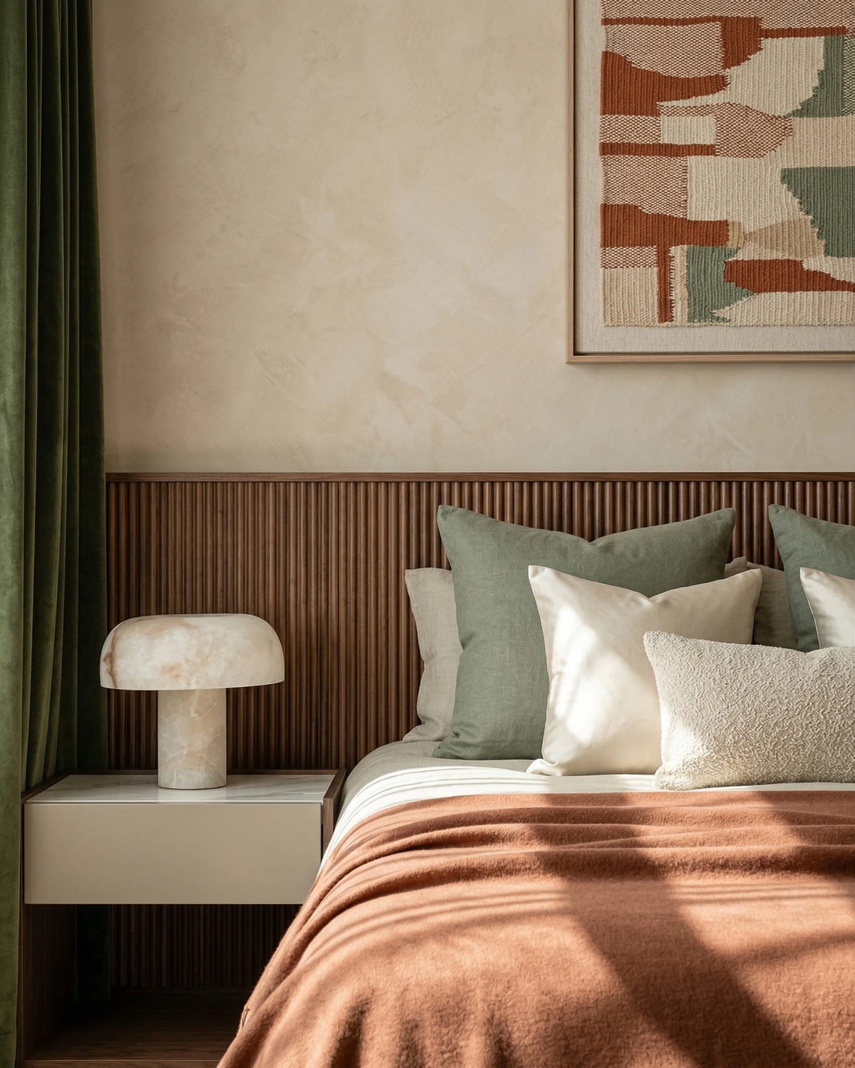 Alabaster table lamp OBSI No.01 lit on a nightstand next to a bed with a rust blanket and green curtains