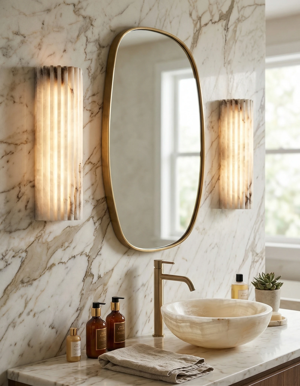 Alabaster wall sconce ALABA No.02 pair lit around an oval mirror on a veined marble wall above a vessel sink