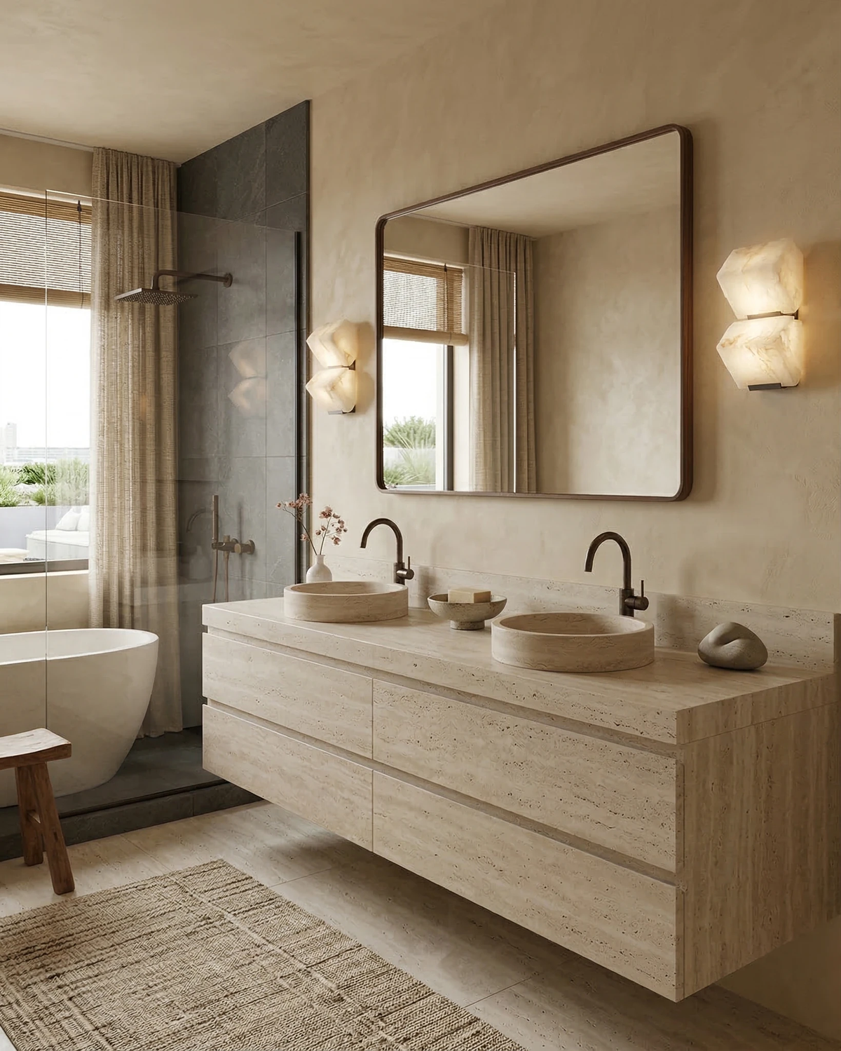 Two alabaster wall sconces ALABA No.05 duo flanking a mirror above a double vanity with vessel sinks, lit