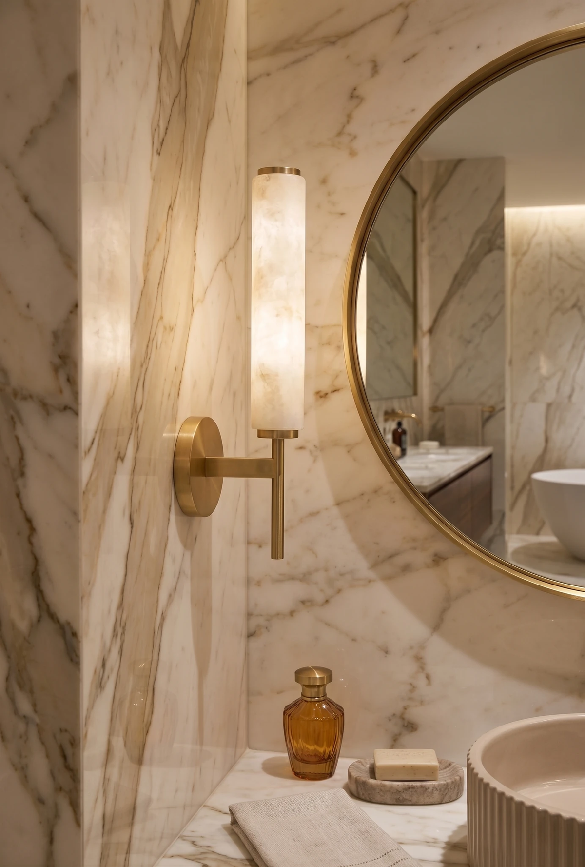 Alabaster wall sconce ALABA No.01 next to a round mirror on a marble bathroom vanity wall