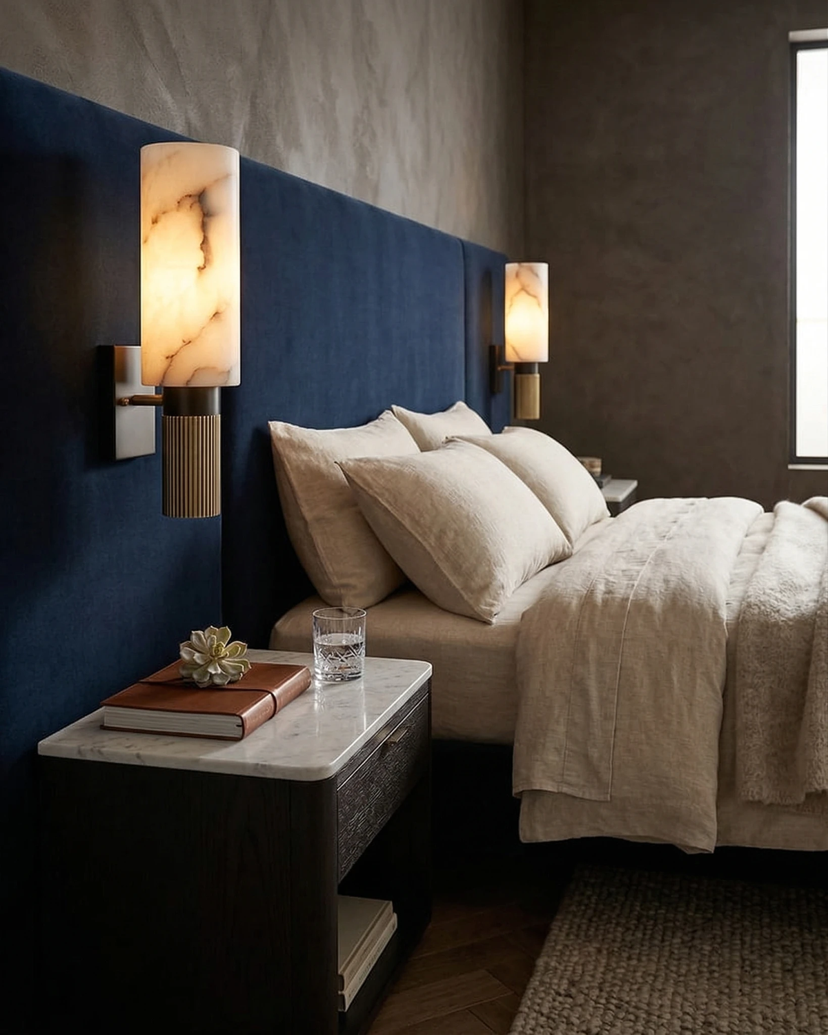 Two alabaster wall sconces ALABA No.07 lit above a navy upholstered headboard beside a marble-topped nightstand