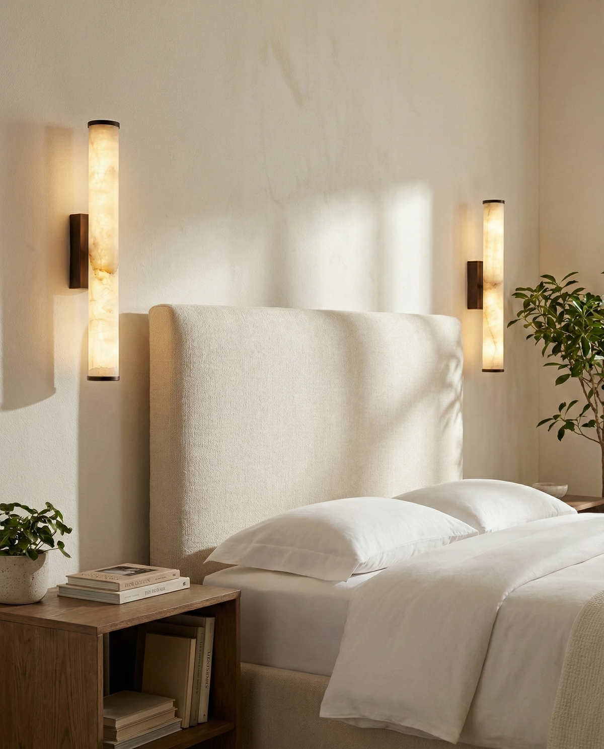 Two alabaster wall sconces NEBBIA No.01 on Dark Bronze brackets lit on either side of a white upholstered headboard