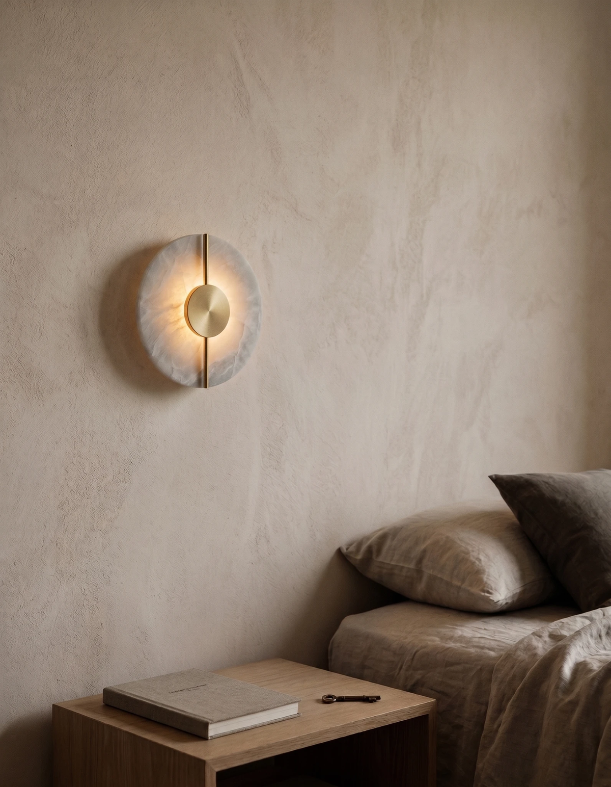 Alabaster wall sconce OLIVA No.03 Round glowing on a plaster wall above a wood nightstand beside a bed