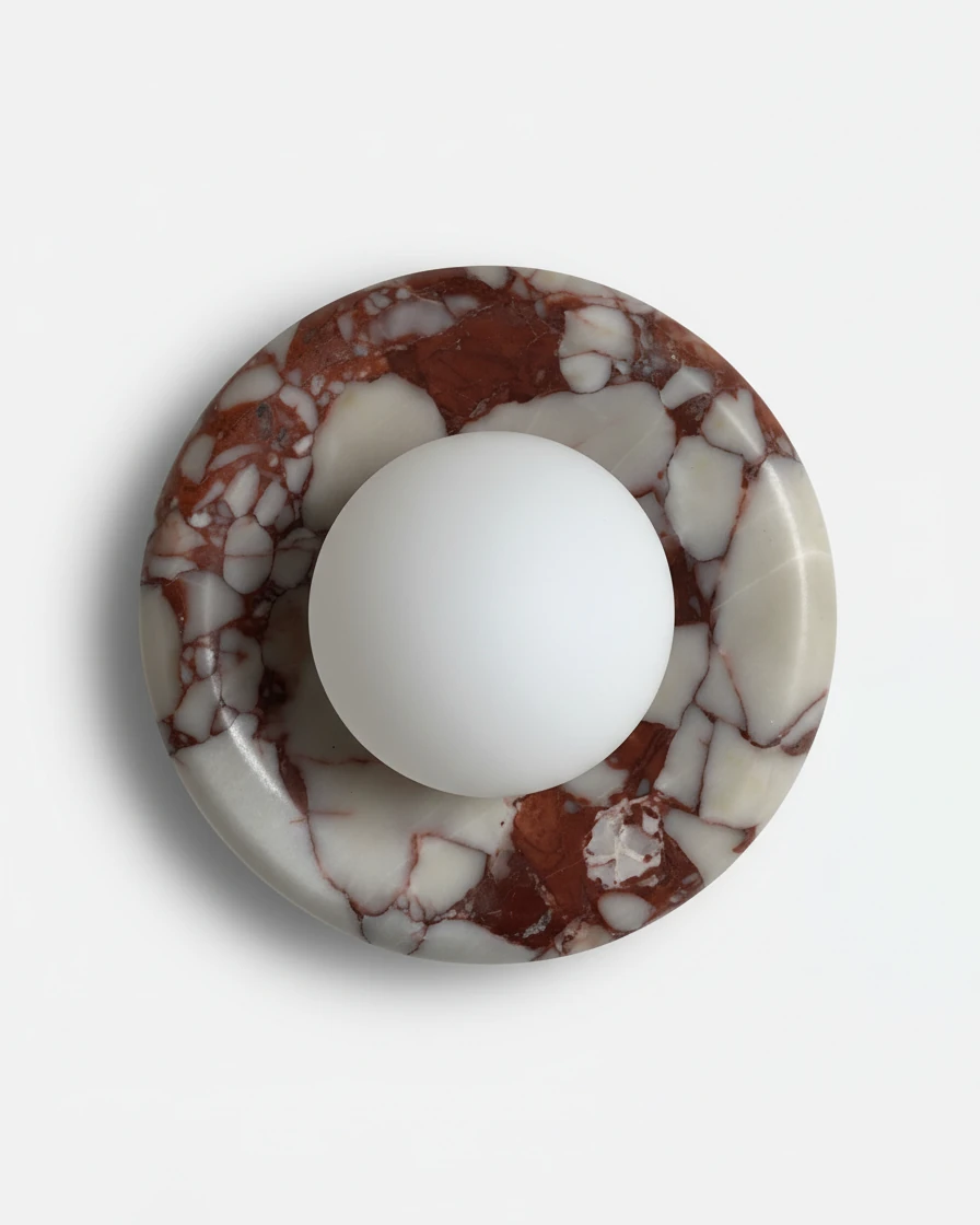 Alabaster wall sconce LATTE No.02 in Bulgari Red, red and white veined stone ring around a frosted glass sphere, unlit