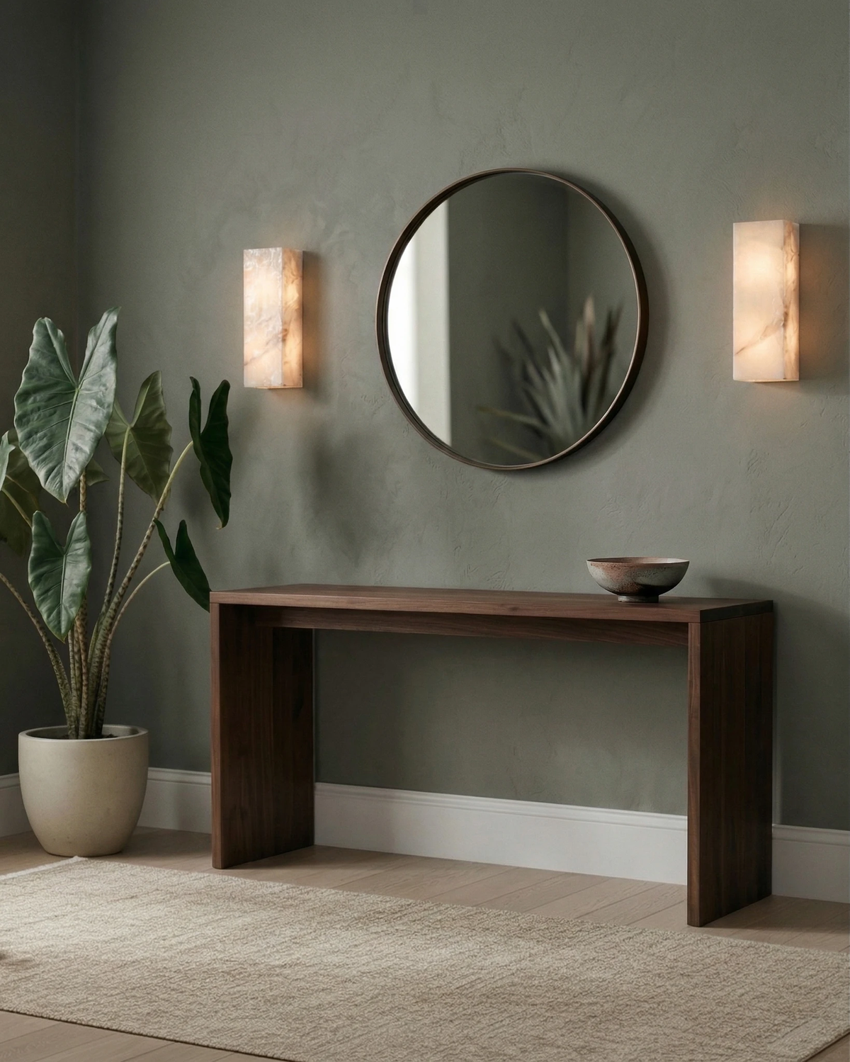 Pair of alabaster wall sconces ALABA No.03 lit beside a round mirror above a walnut console on a sage wall