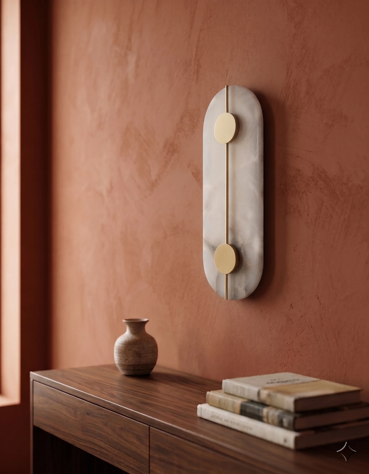 Alabaster wall sconce OLIVA No.03 Oval lit on a terracotta plaster wall above a walnut sideboard with a small vase