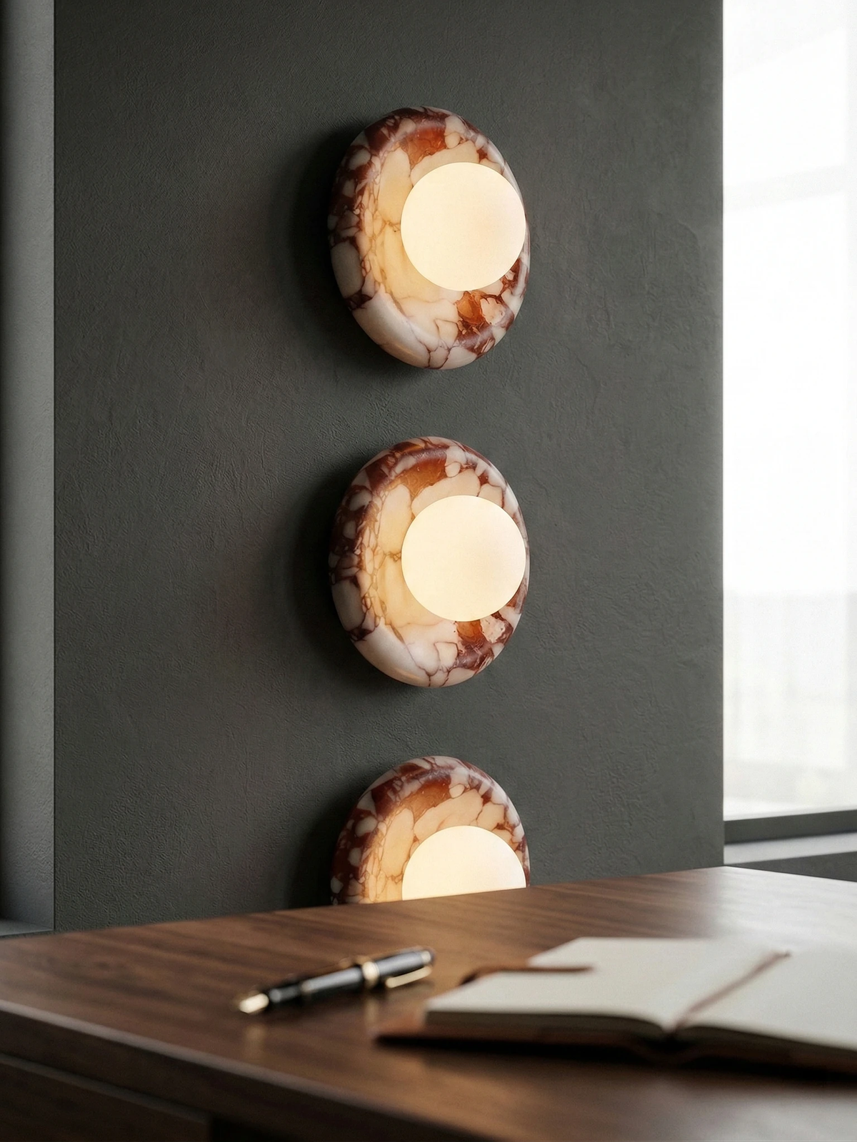 Three alabaster wall sconces LATTE No.02 in red-veined stone stacked and switched on above a walnut desk with a notebook