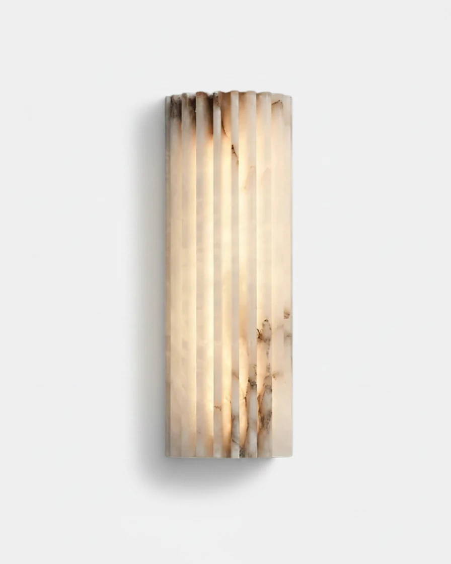 Alabaster wall sconce ALABA No.02 in the 18 in size, fluted white alabaster column switched on with a warm glow
