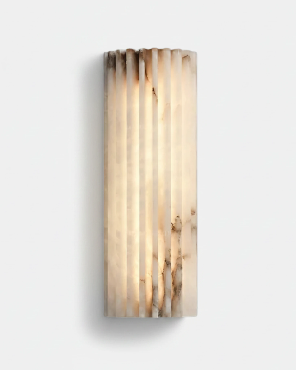 Alabaster wall sconce ALABA No.02 in the tall 24 in size, translucent fluted alabaster bar lit on a white wall