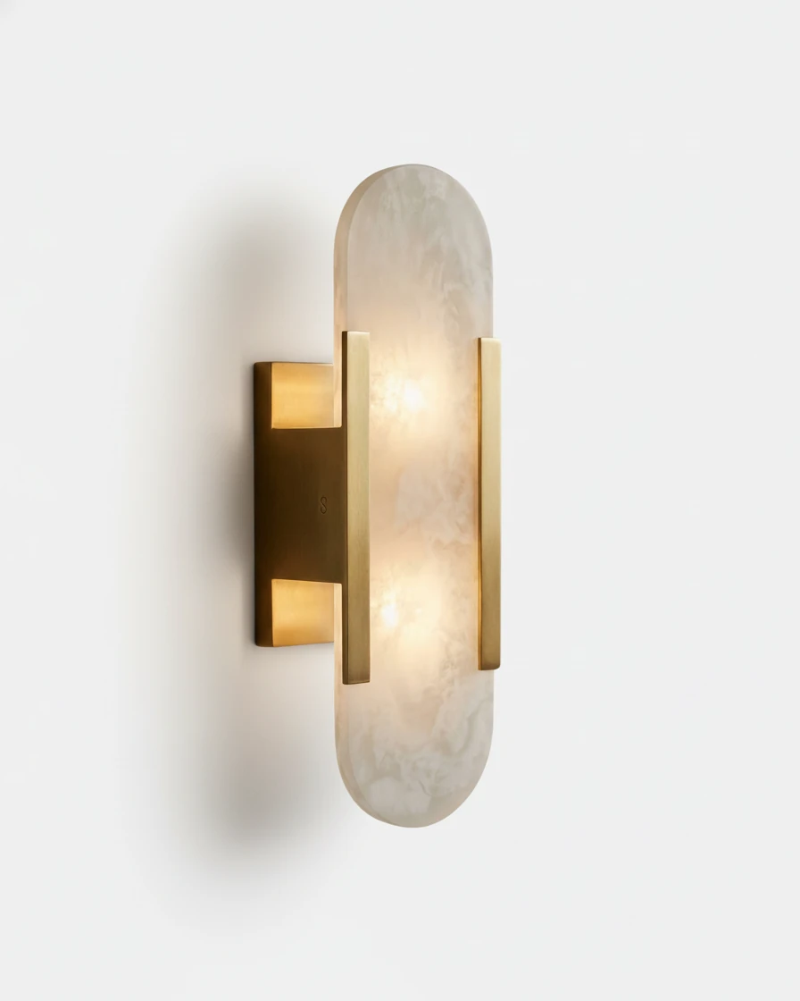 Alabaster wall sconce OLIVA No.02 in Brass Frame, standard 35 cm glowing capsule with a brass bracket and side rails
