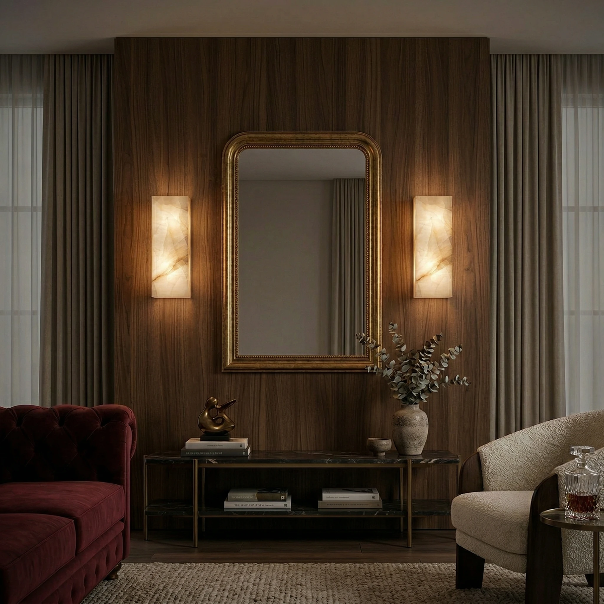 Two alabaster wall sconces ALABA No.03 glowing beside a gilt mirror on a walnut wall above a glass console